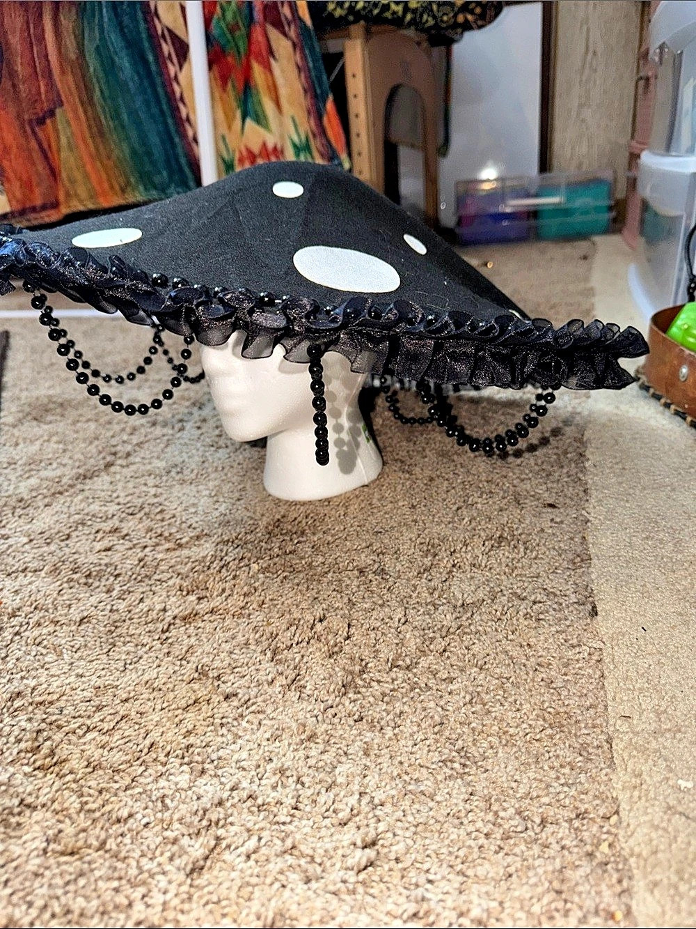 Black & White Polka Dot mushroom hat with black bow brand new never worn costume
